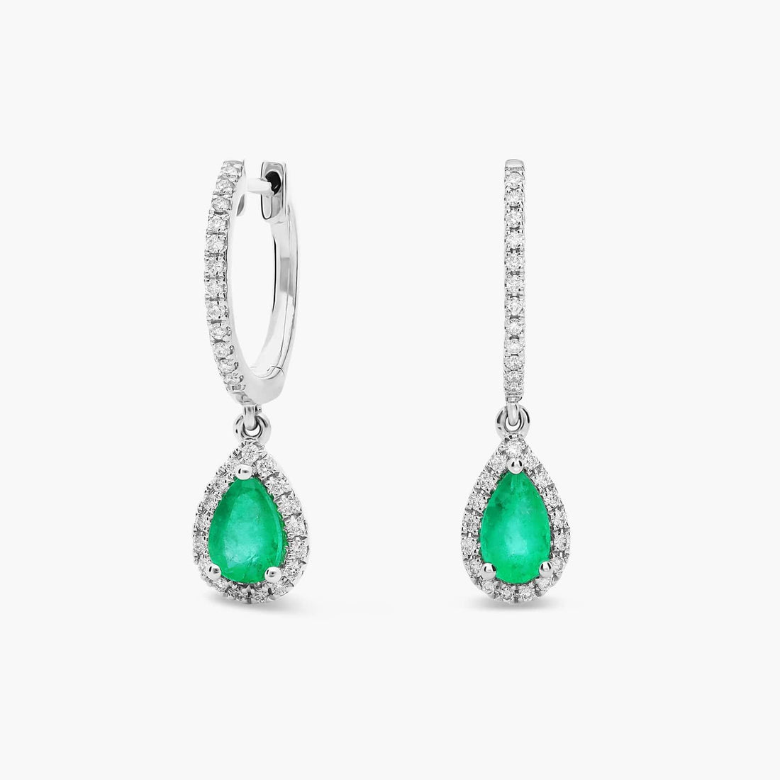 Pear Shaped Sapphire and Diamond Halo Drop Earrings in White Gold (6x4mm)