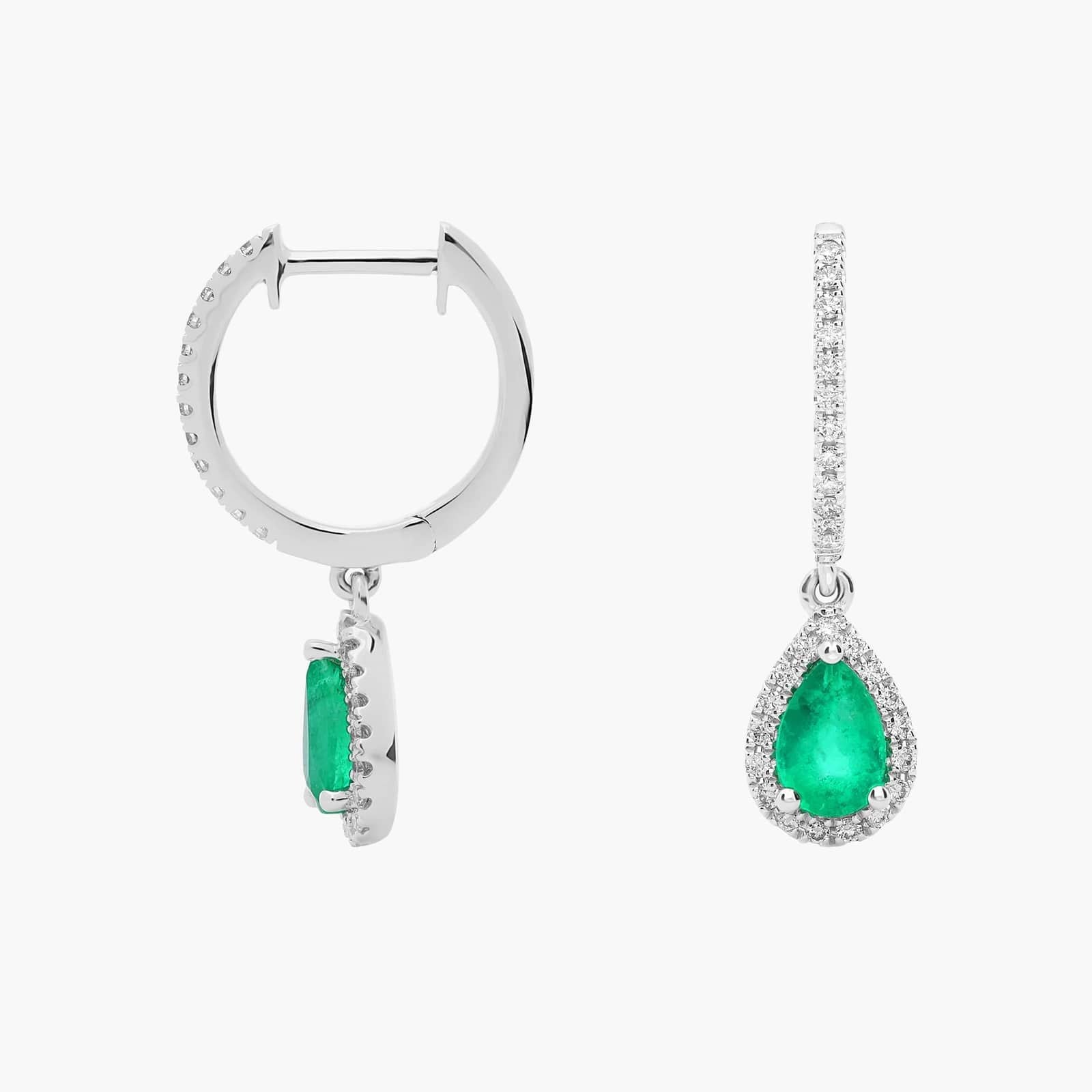 Pear Shaped Sapphire and Diamond Halo Drop Earrings in White Gold (6x4mm)