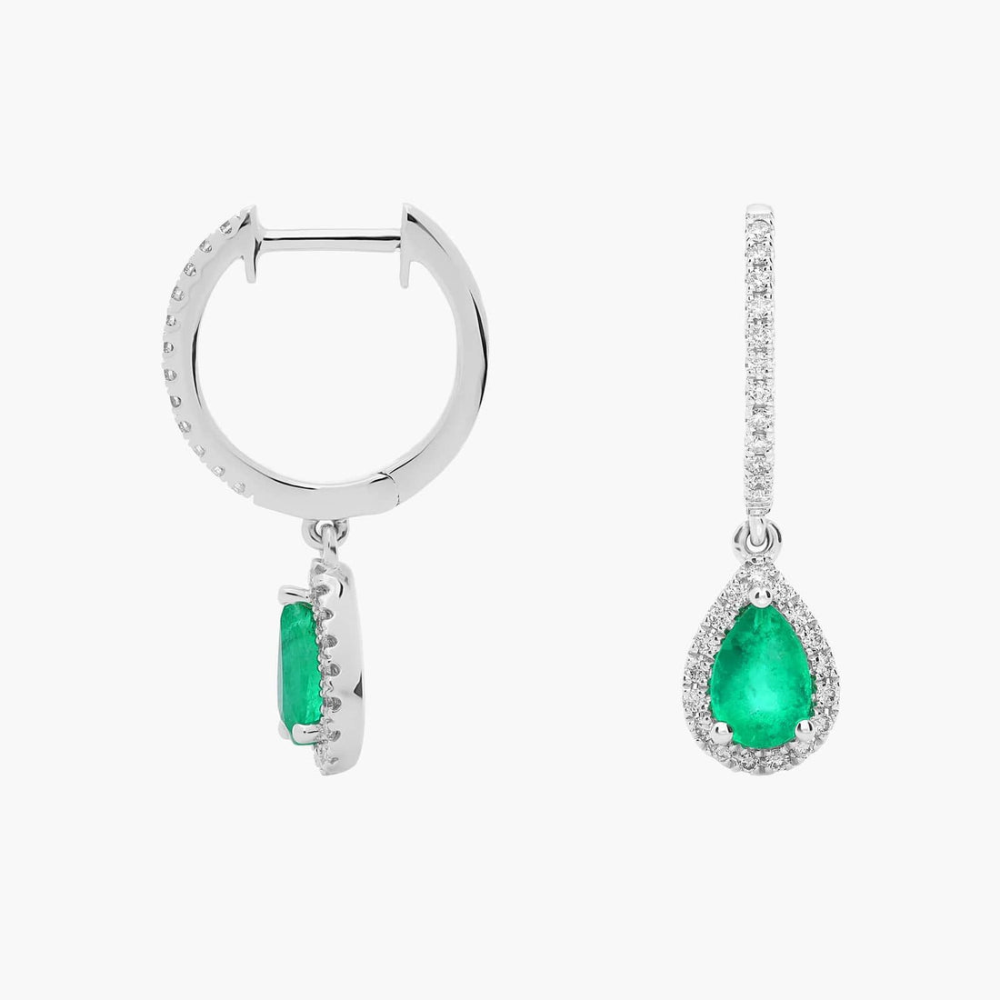 Pear Shaped Sapphire and Diamond Halo Drop Earrings in White Gold (6x4mm)