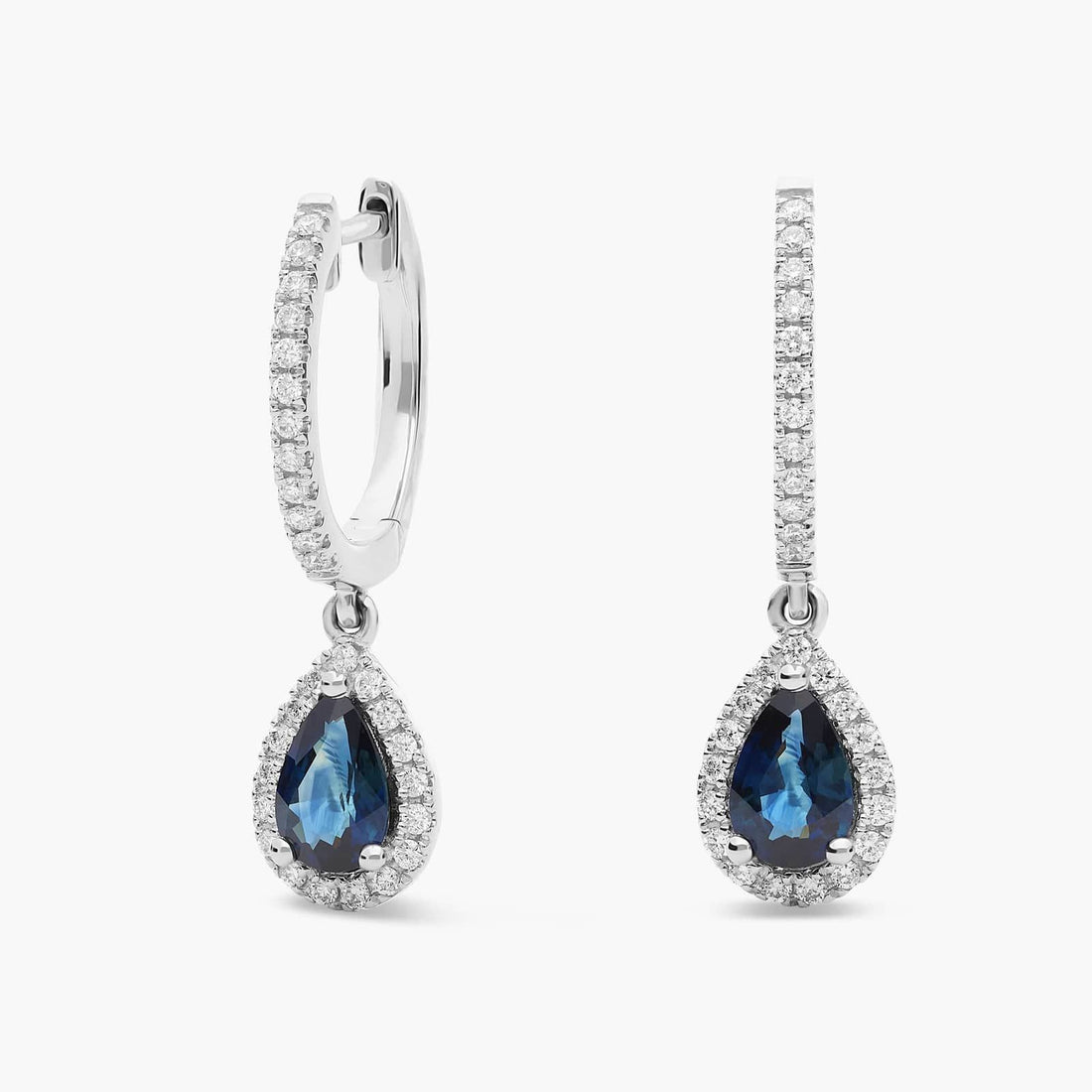 Pear Shaped Sapphire and Diamond Halo Drop Earrings in White Gold (6x4mm)