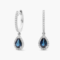 Pear Shaped Sapphire and Diamond Halo Drop Earrings in White Gold (6x4mm)