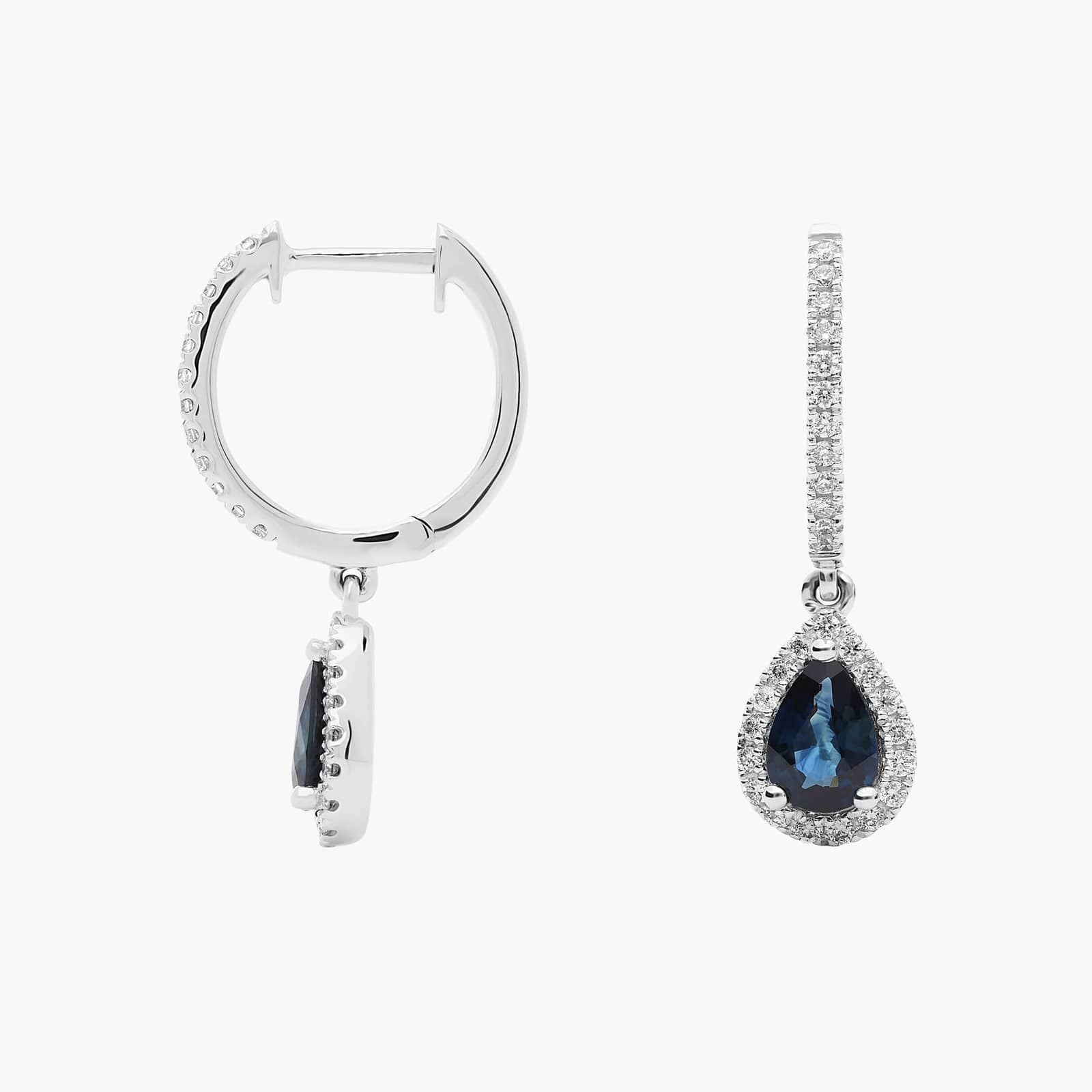 Pear Shaped Sapphire and Diamond Halo Drop Earrings in White Gold (6x4mm)