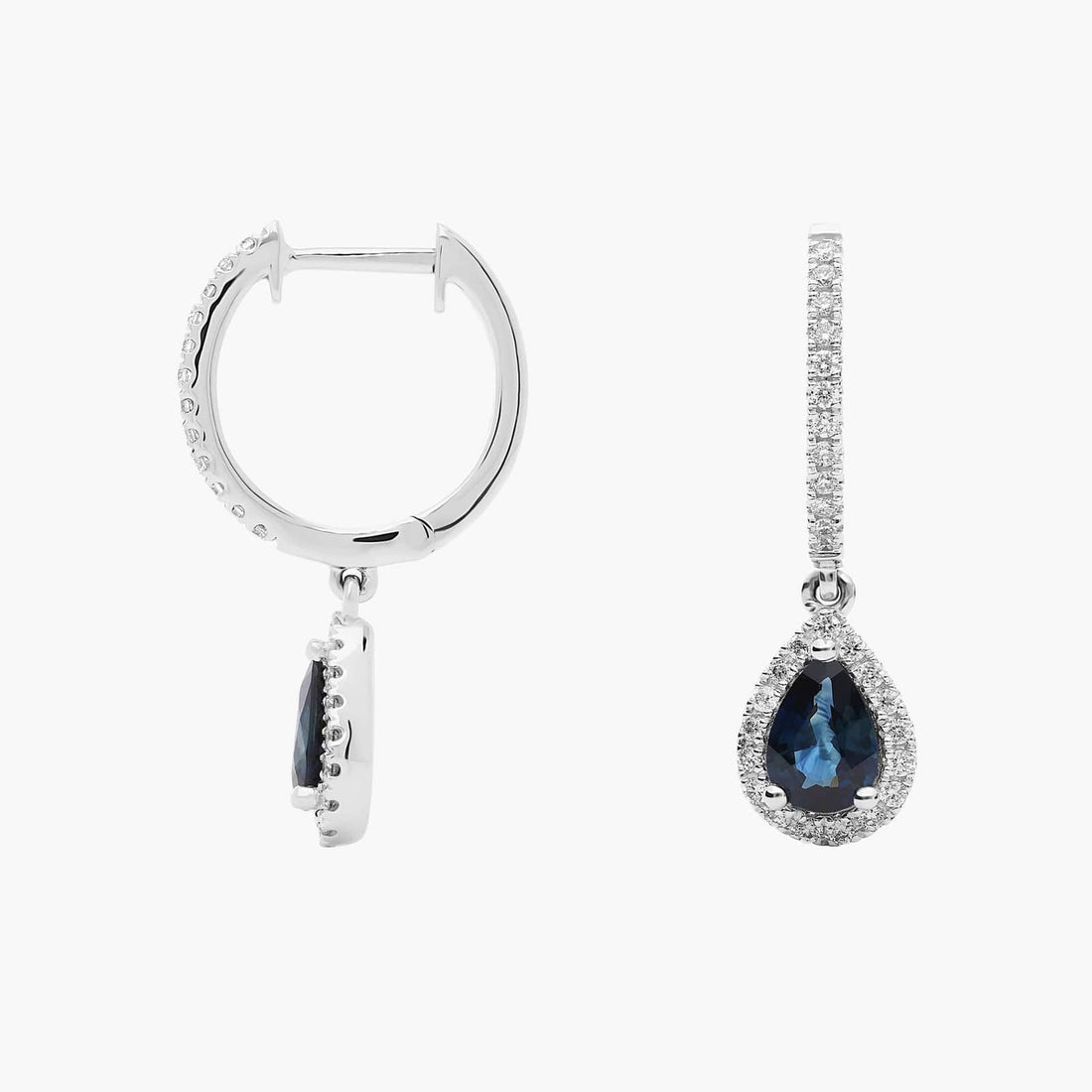 Pear Shaped Sapphire and Diamond Halo Drop Earrings in White Gold (6x4mm)