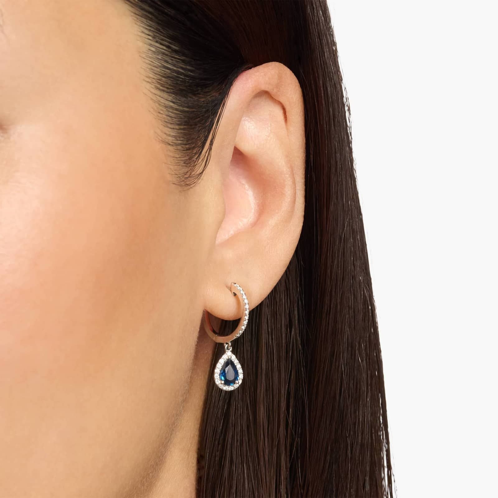 Pear Shaped Sapphire and Diamond Halo Drop Earrings in White Gold (6x4mm)