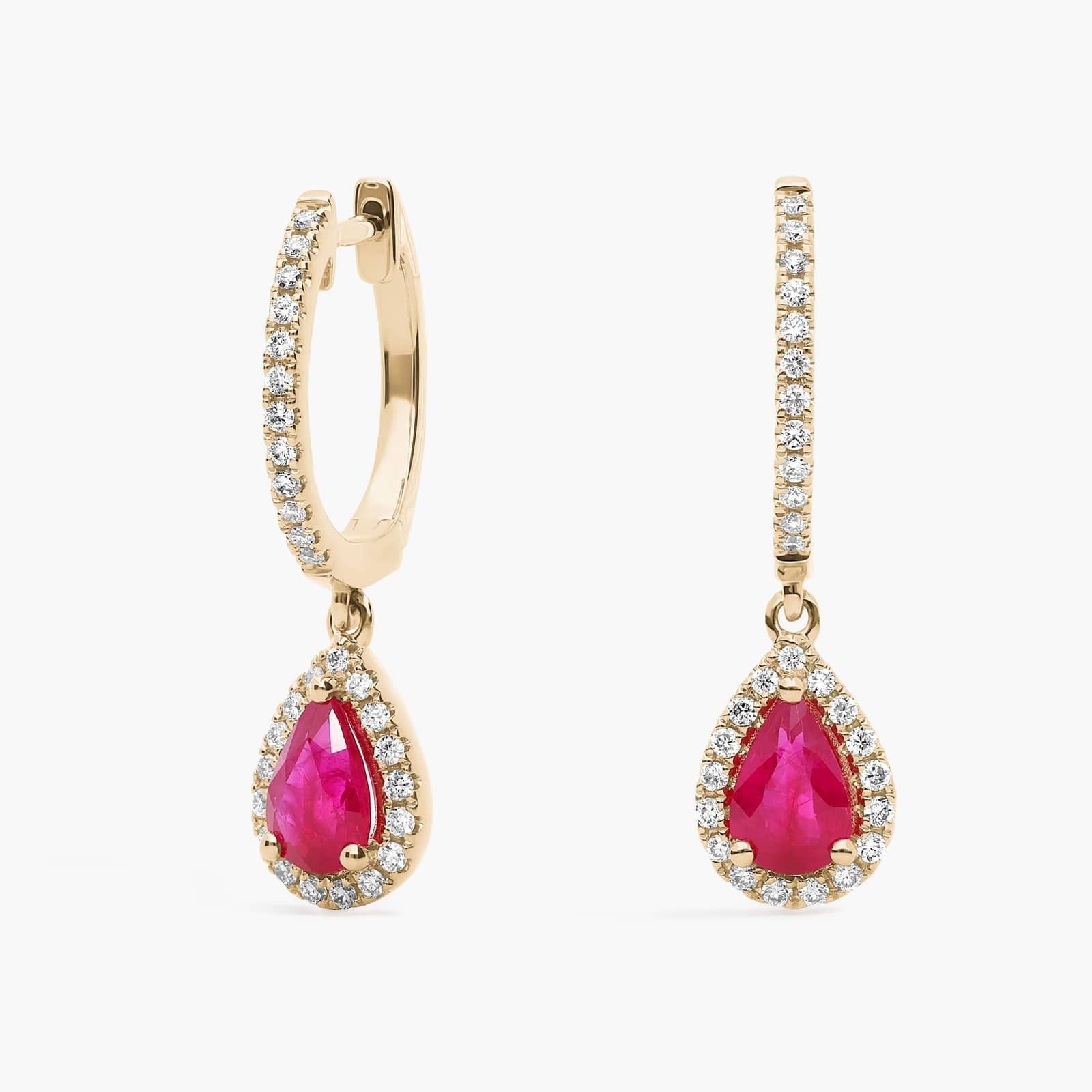 Pear Shaped Ruby and Diamond Halo Drop Earrings in Yellow Gold (6x4mm)
