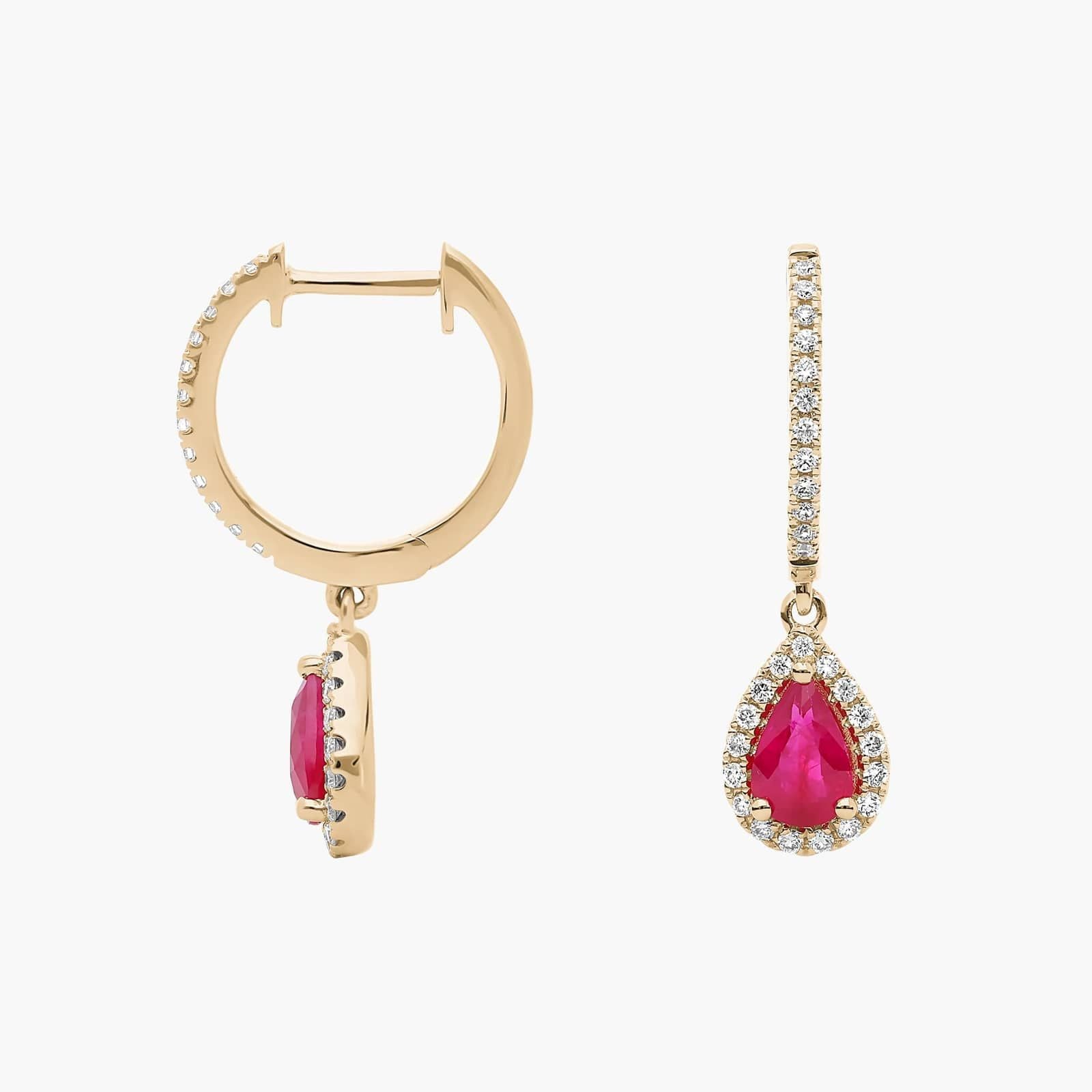 Pear Shaped Ruby and Diamond Halo Drop Earrings in Yellow Gold (6x4mm)