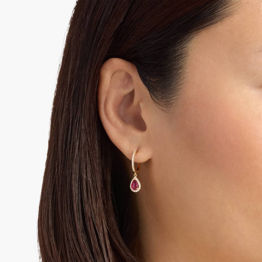 Pear Shaped Ruby and Diamond Halo Drop Earrings in Yellow Gold (6x4mm)