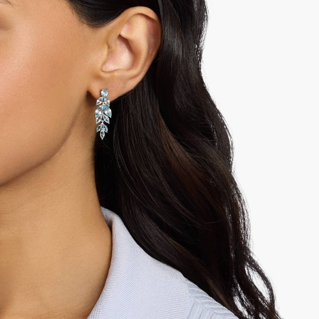 Cascade Leaf Blue Topaz Drop Earrings in White Gold