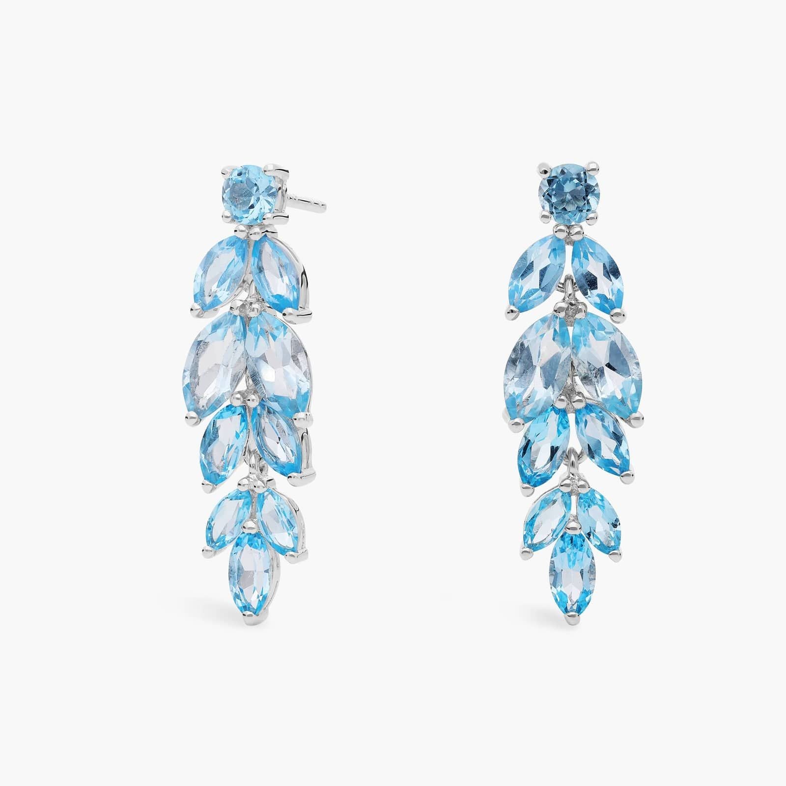 Cascade Leaf Blue Topaz Drop Earrings in White Gold