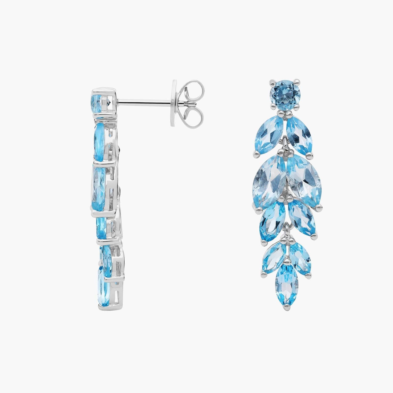 Cascade Leaf Blue Topaz Drop Earrings in White Gold