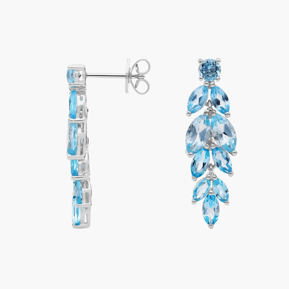 Cascade Leaf Blue Topaz Drop Earrings in White Gold