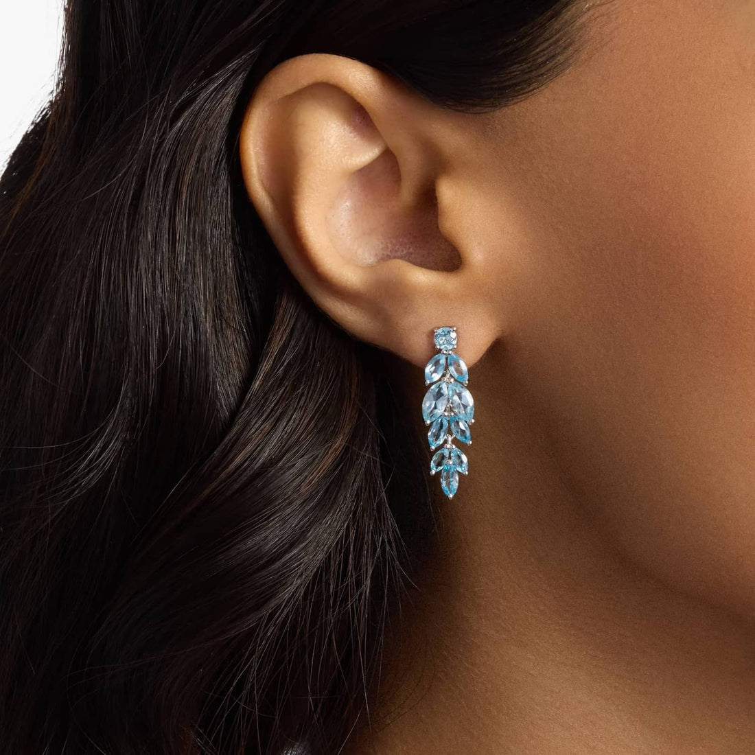 Cascade Leaf Blue Topaz Drop Earrings in White Gold