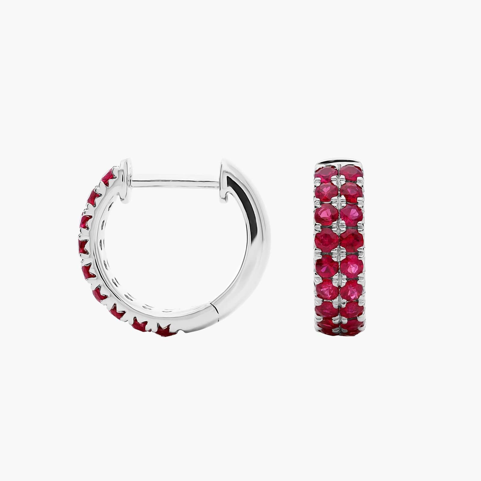 Ruby Double Row Huggie Hoop Earrings in White Gold