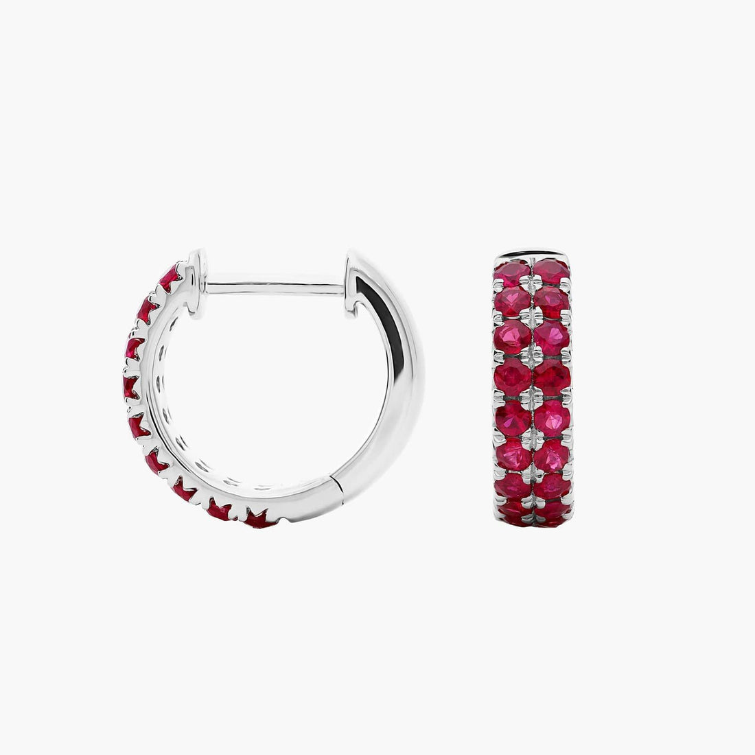 Ruby Double Row Huggie Hoop Earrings in White Gold