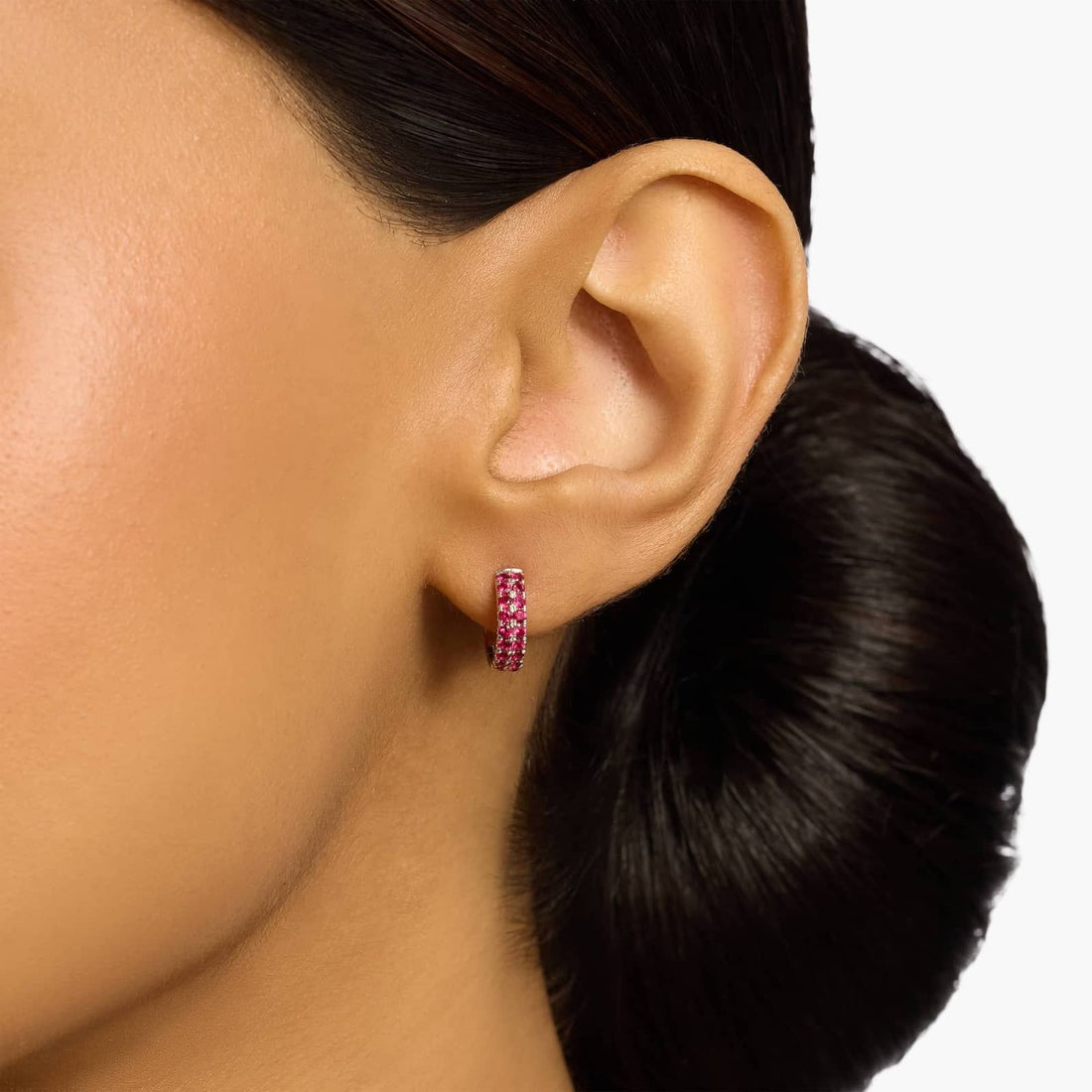 Ruby Double Row Huggie Hoop Earrings in White Gold