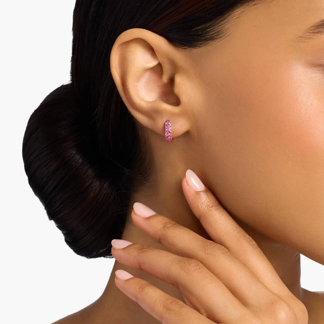 Pink Sapphire Double Row Huggie Earrings in Rose Gold