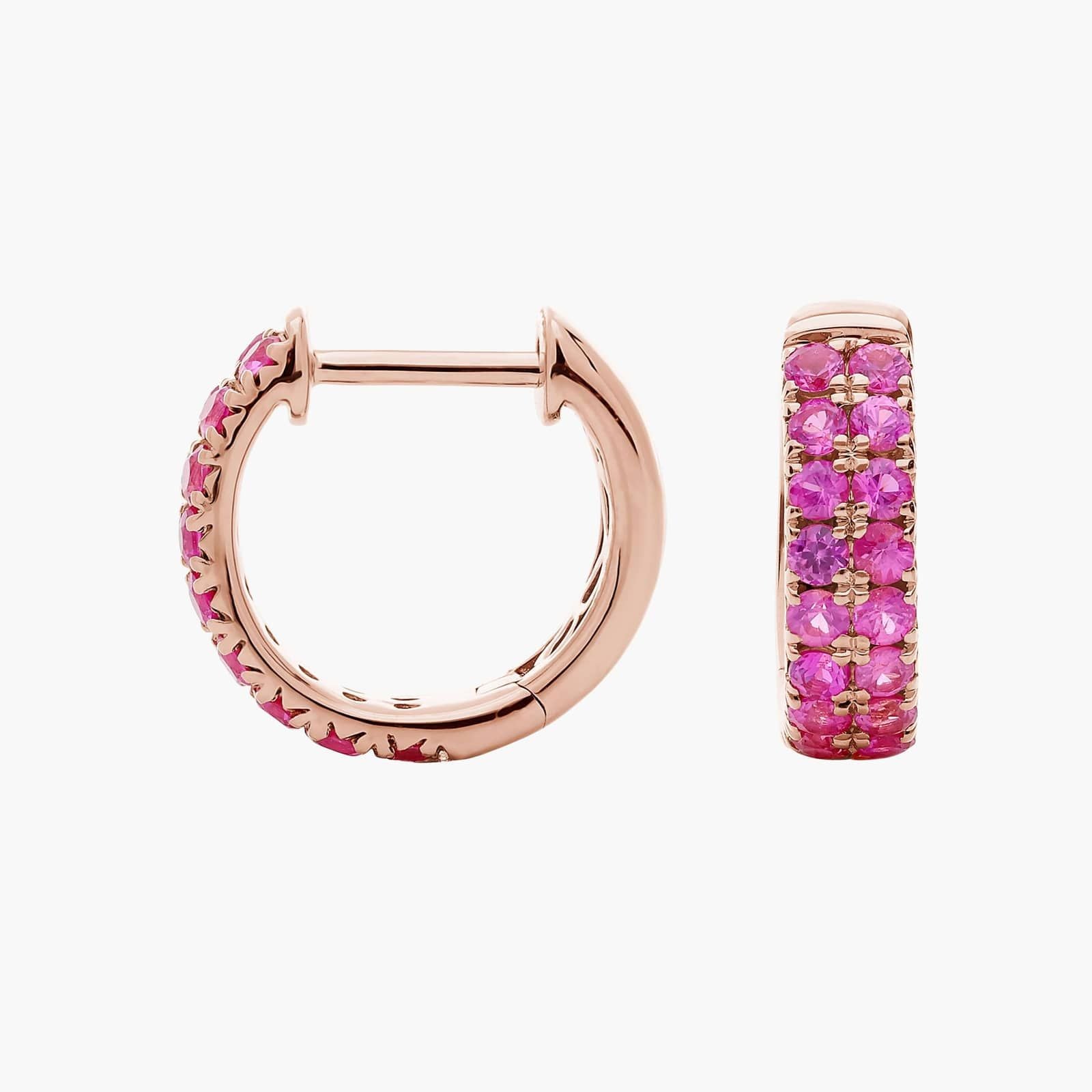 Pink Sapphire Double Row Huggie Earrings in Rose Gold