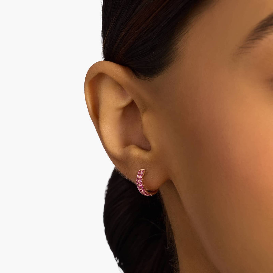 Pink Sapphire Double Row Huggie Earrings in Rose Gold