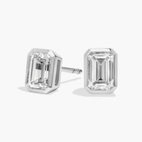 Bezel Set Emerald Cut Lab-Grown Diamond Stud Earrings In White Gold