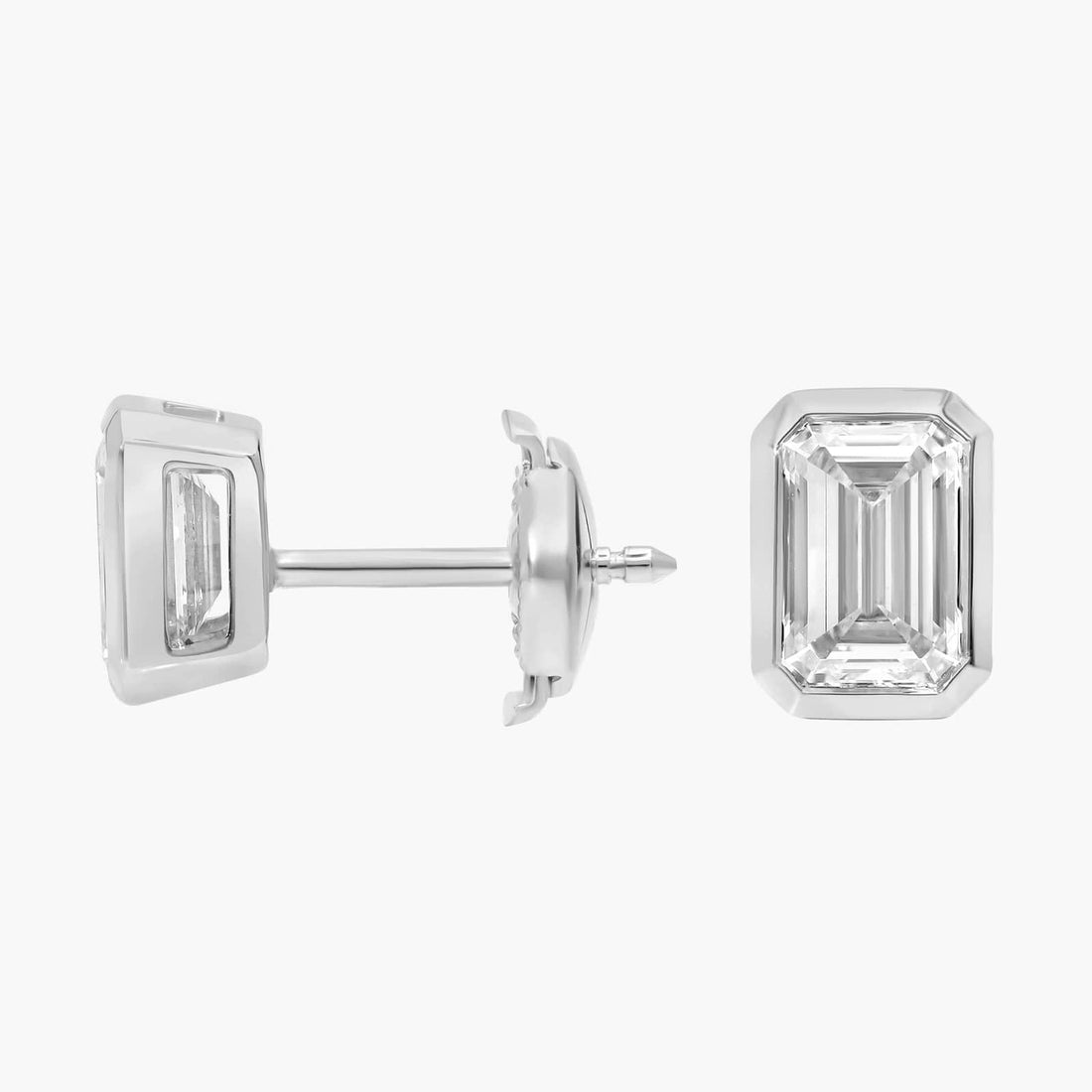 Bezel Set Emerald Cut Lab-Grown Diamond Stud Earrings In White Gold