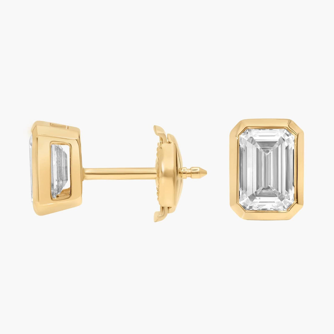 Bezel Set Emerald Cut Lab-Grown Diamond Stud Earrings In White Gold