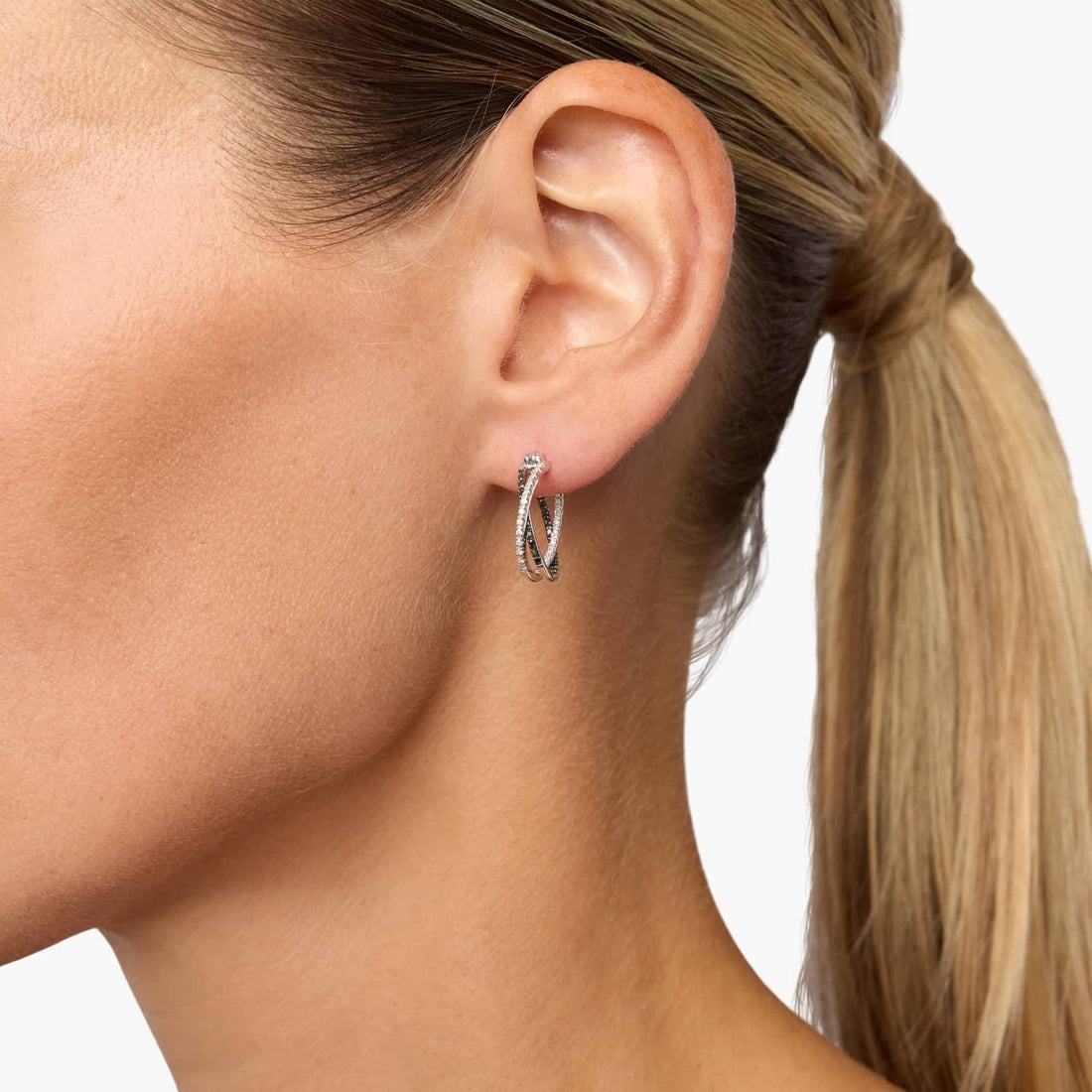 Twisted Elegance Black & White Diamond Hoop Earrings
