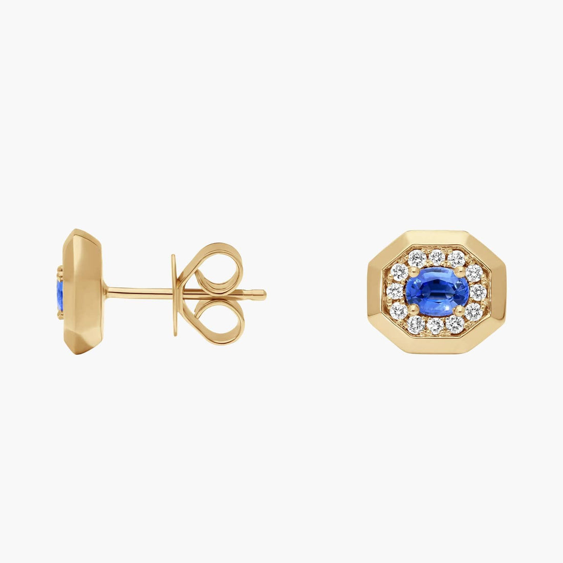 Oval Cut Blue Sapphire and Pavé Diamond Stud Earrings In Yellow Gold