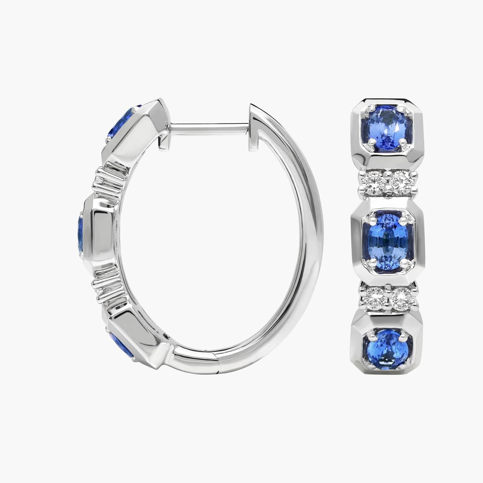 Oval Cut Blue Sapphire and Diamond Hoop Earrings In White & Yellow Gold