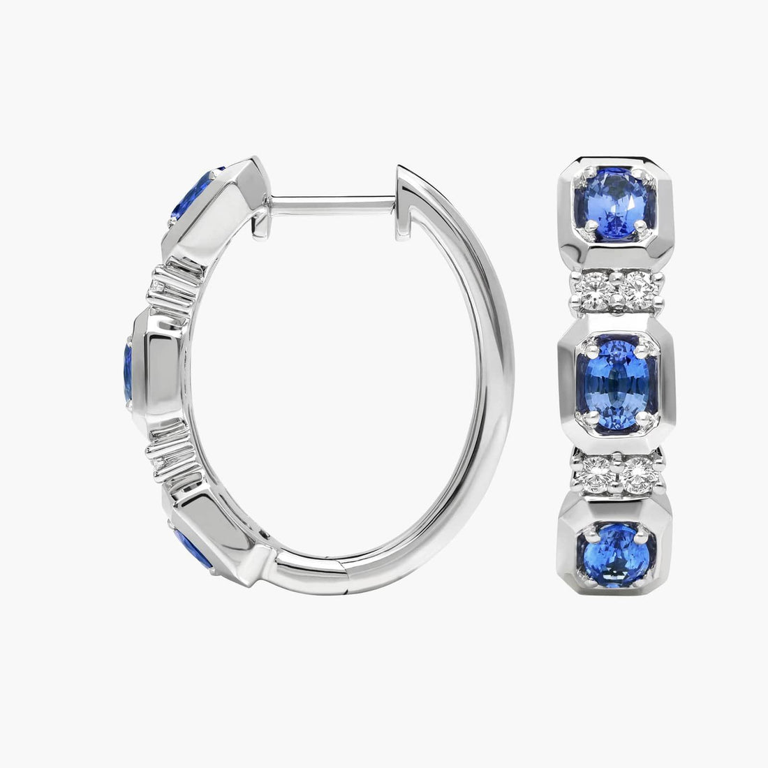 Oval Cut Blue Sapphire and Diamond Hoop Earrings In White & Yellow Gold