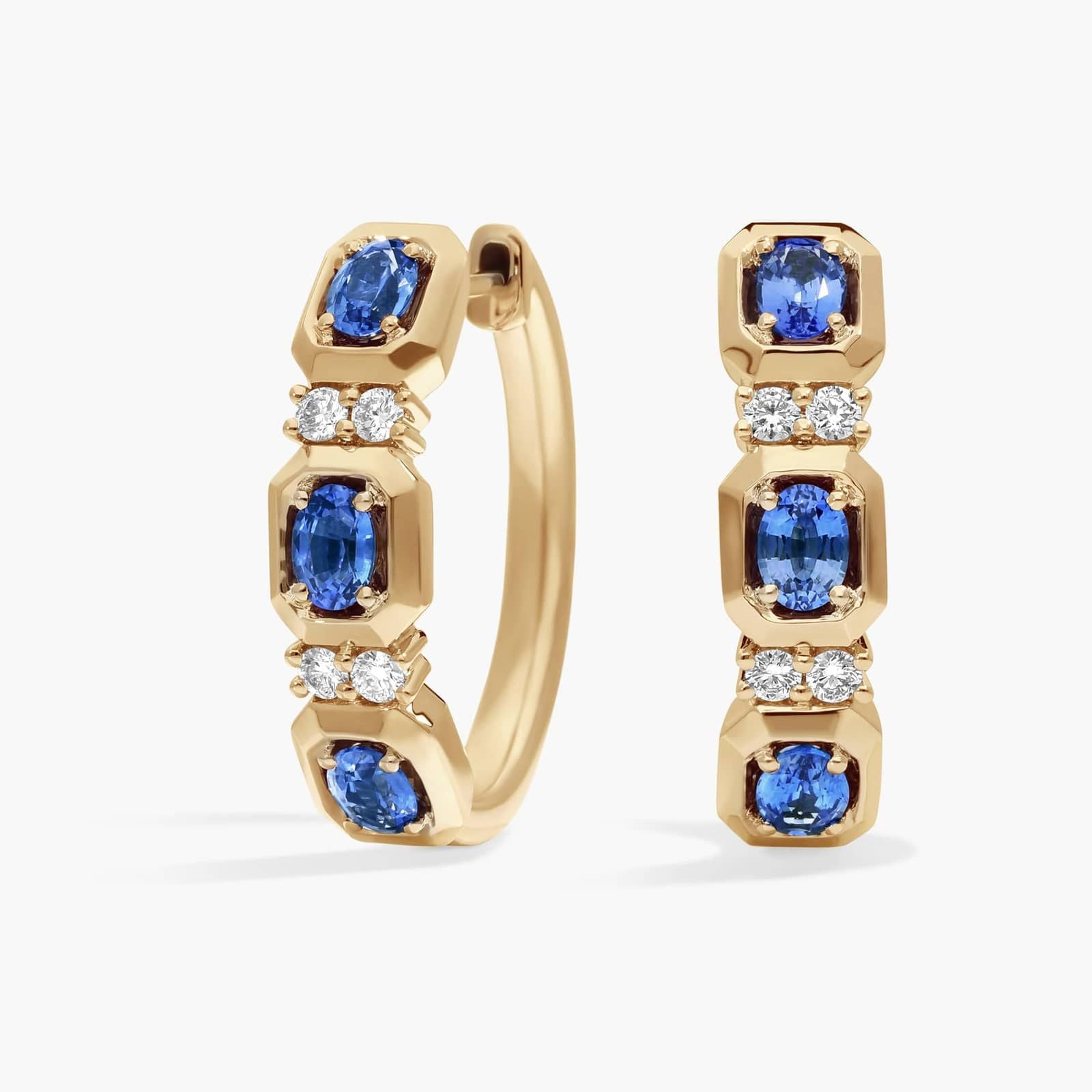 Oval Cut Blue Sapphire and Diamond Hoop Earrings In White & Yellow Gold