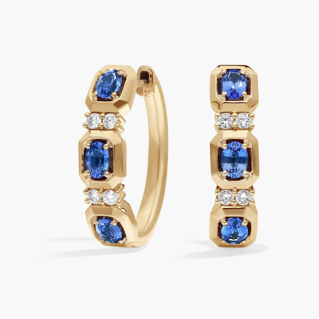 Oval Cut Blue Sapphire and Diamond Hoop Earrings In White & Yellow Gold