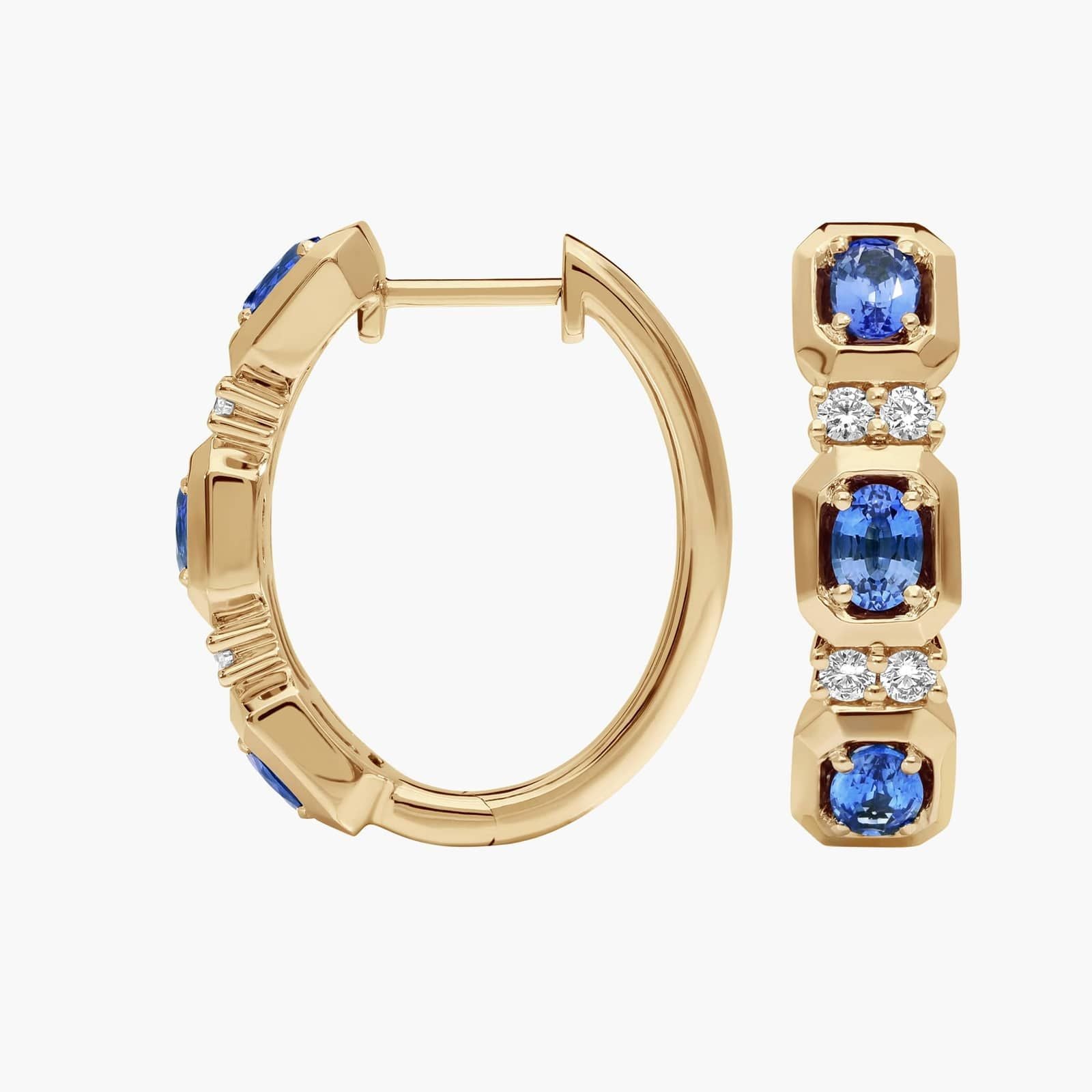 Oval Cut Blue Sapphire and Diamond Hoop Earrings In White & Yellow Gold