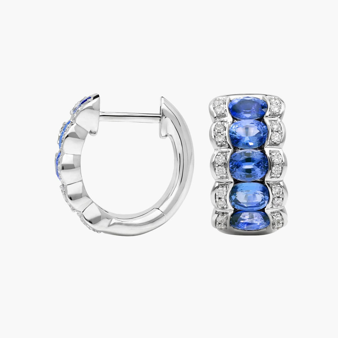East-West Oval Cut Blue Sapphire and Pave Diamond Hoop Earrings In White Gold / Yellow Gold