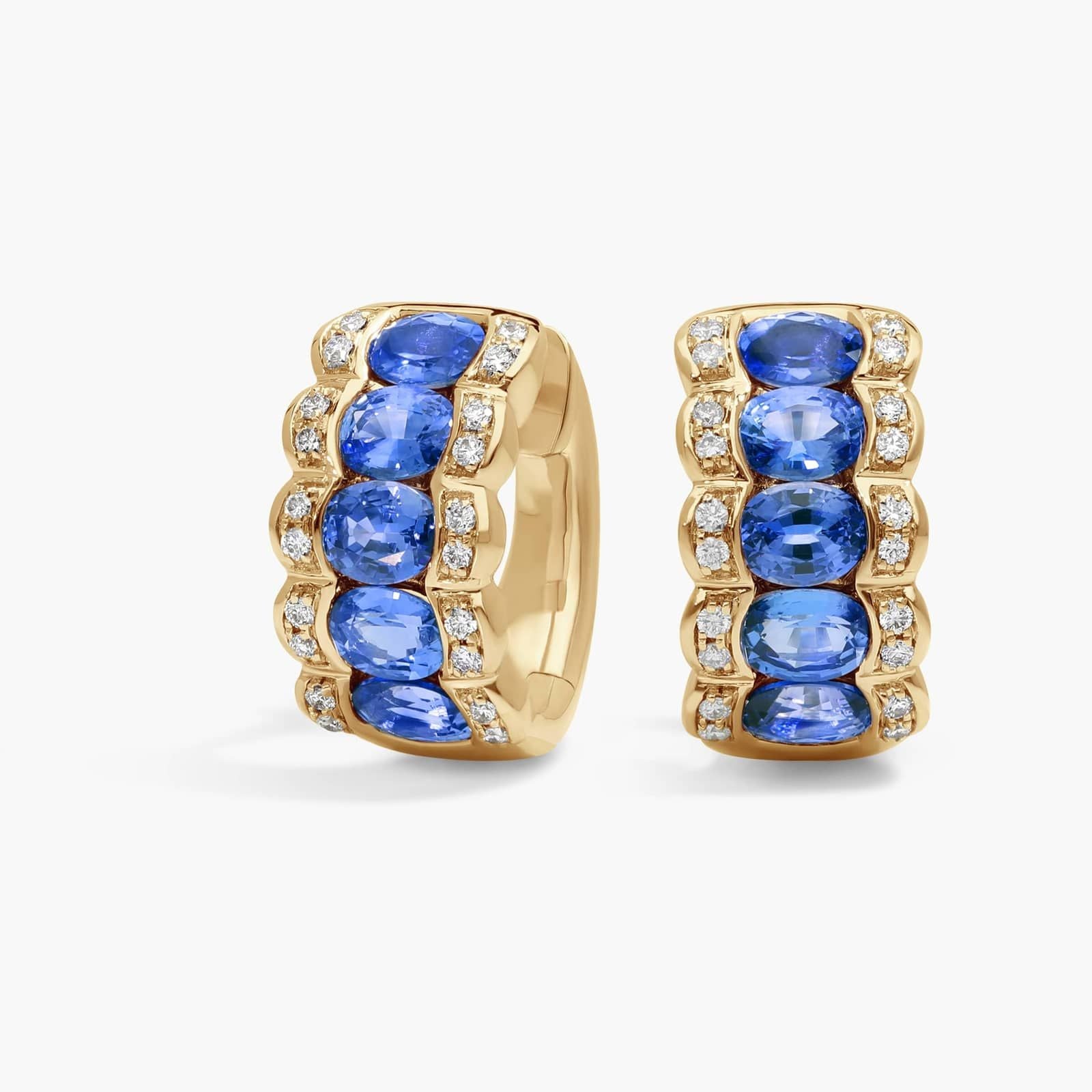 East-West Oval Cut Blue Sapphire and Pave Diamond Hoop Earrings In White Gold / Yellow Gold