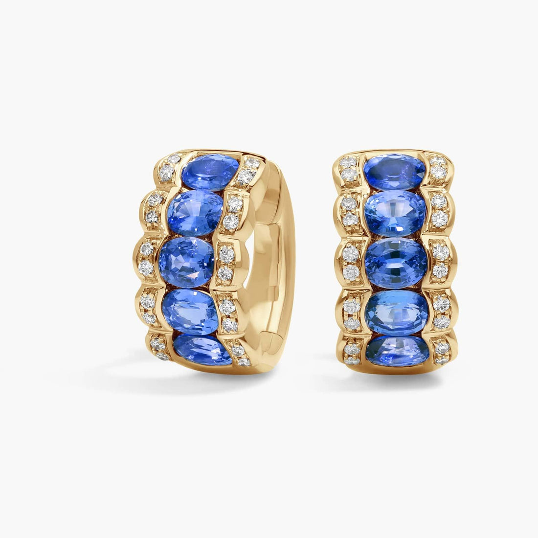East-West Oval Cut Blue Sapphire and Pave Diamond Hoop Earrings In White Gold / Yellow Gold