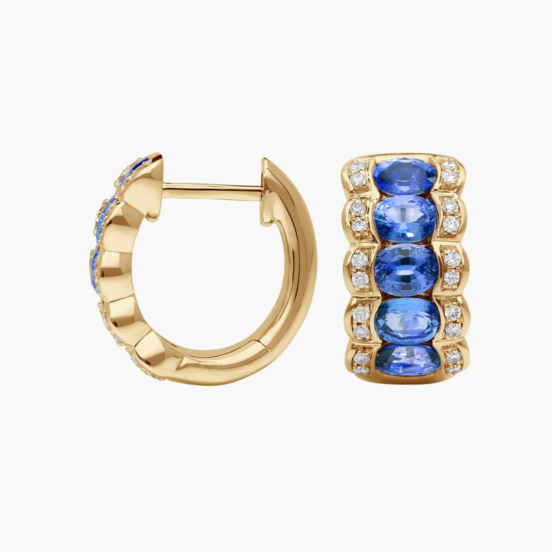 East-West Oval Cut Blue Sapphire and Pave Diamond Hoop Earrings In White Gold / Yellow Gold