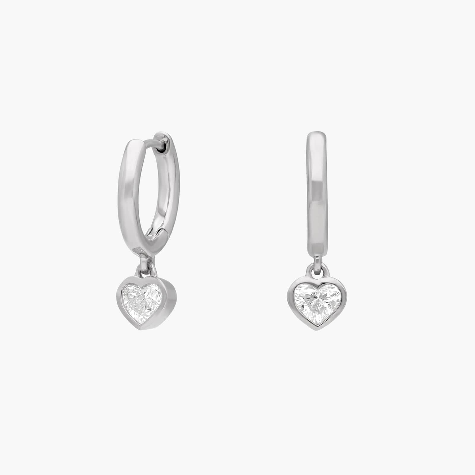 Heart Diamond Bezel Drop Huggie Earrings in White & Yellow Gold