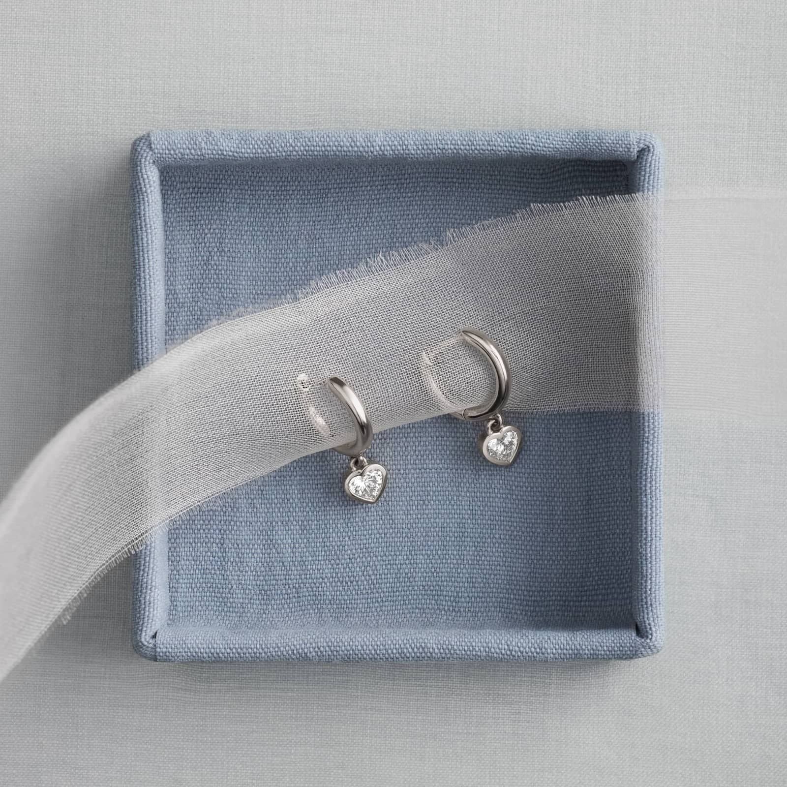 Heart Diamond Bezel Drop Huggie Earrings in White & Yellow Gold
