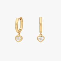 Heart Diamond Bezel Drop Huggie Earrings in White & Yellow Gold