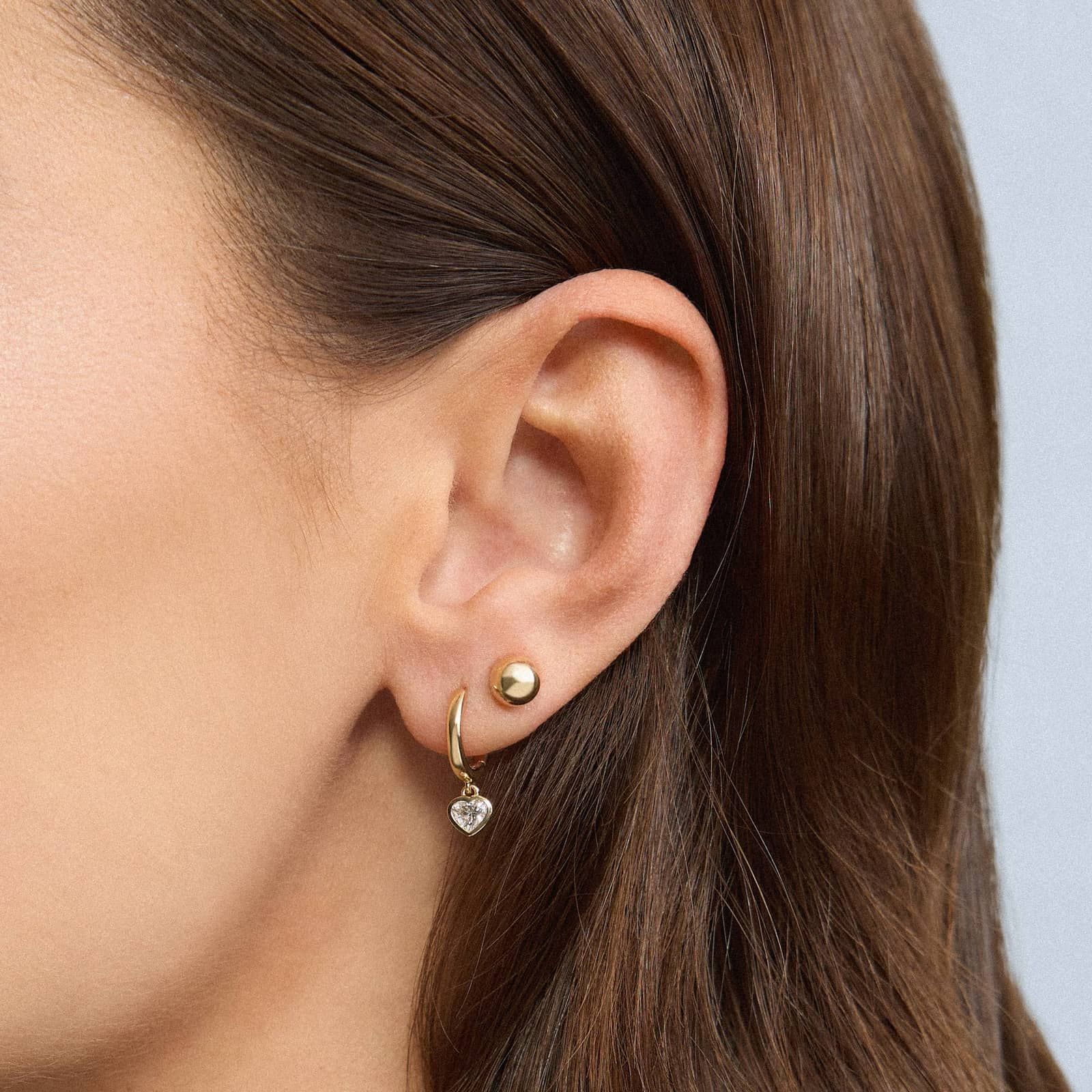 Heart Diamond Bezel Drop Huggie Earrings in White & Yellow Gold