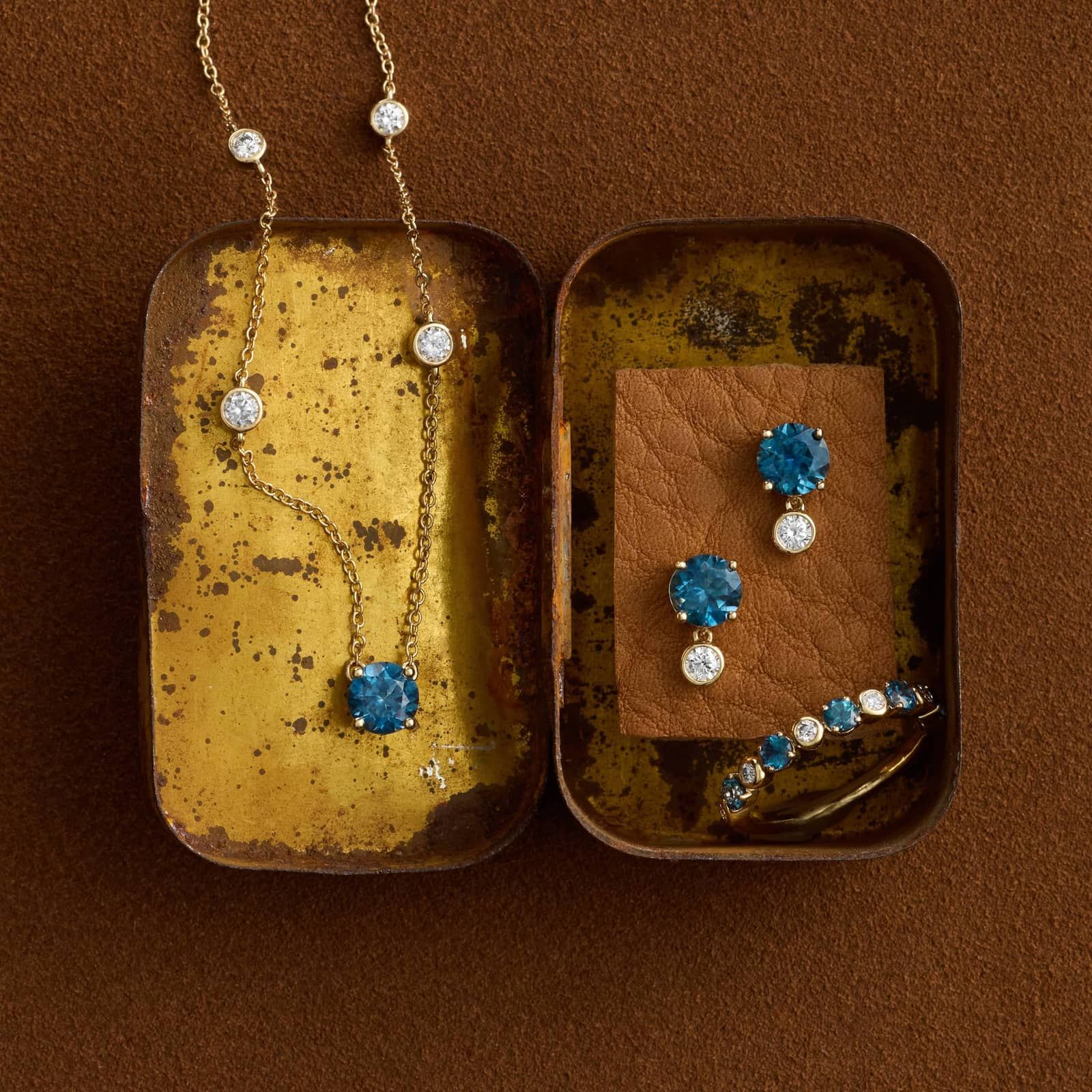 Montana Sapphire & Round Diamond Bezel & Prong Earrings in Yellow Gold