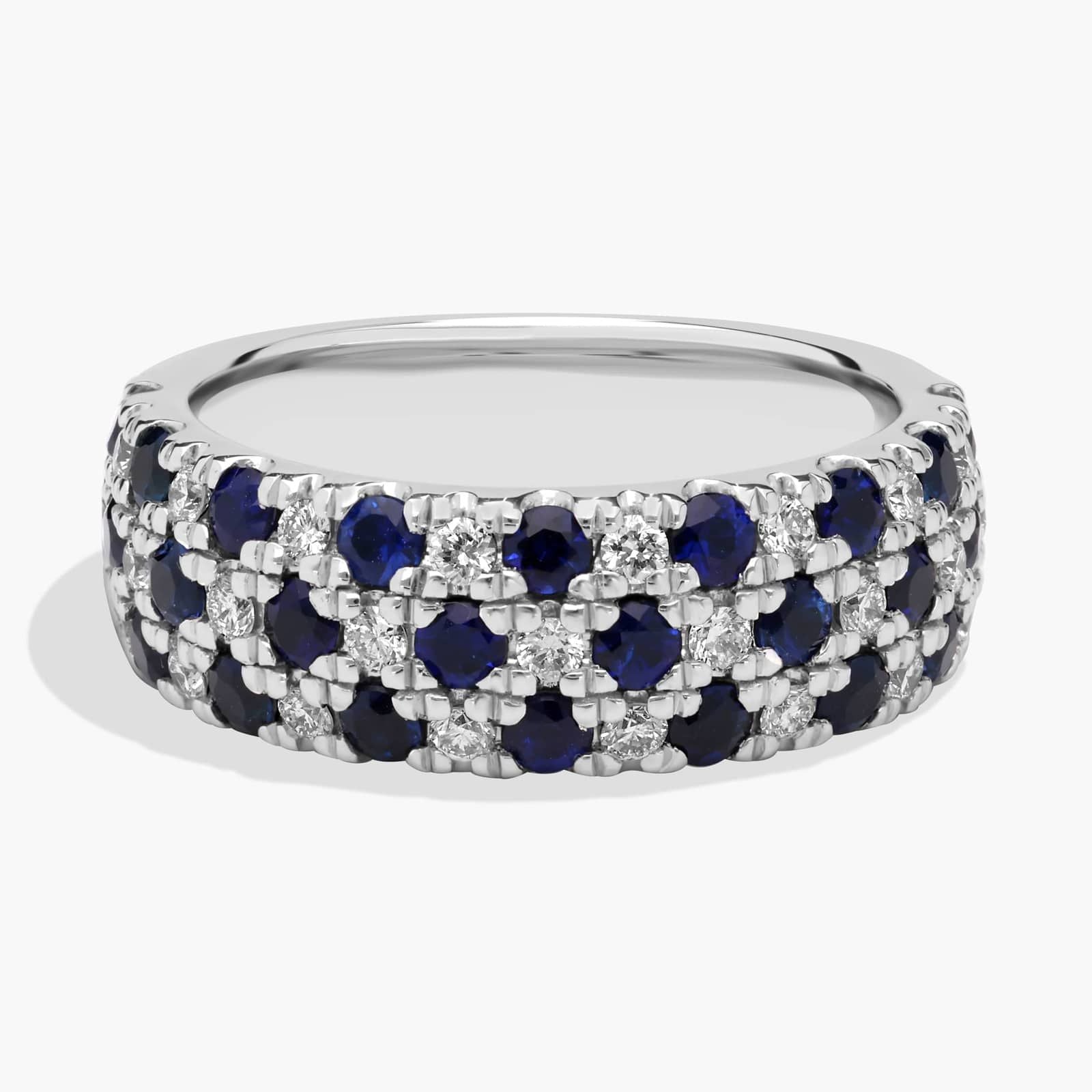 Alternating Sapphire and Diamond Triple Row Ring in White Gold