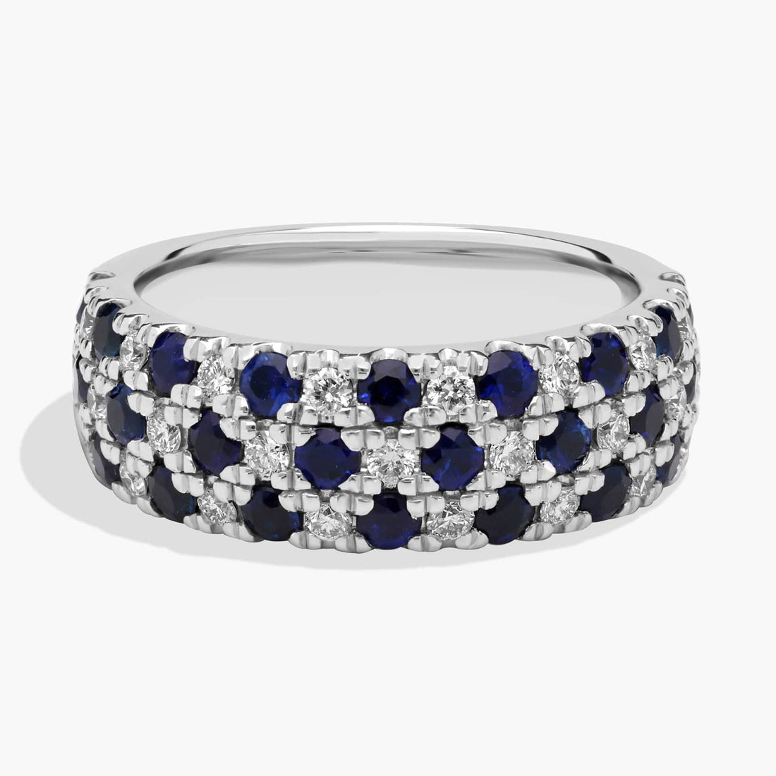 Alternating Sapphire and Diamond Triple Row Ring in White Gold