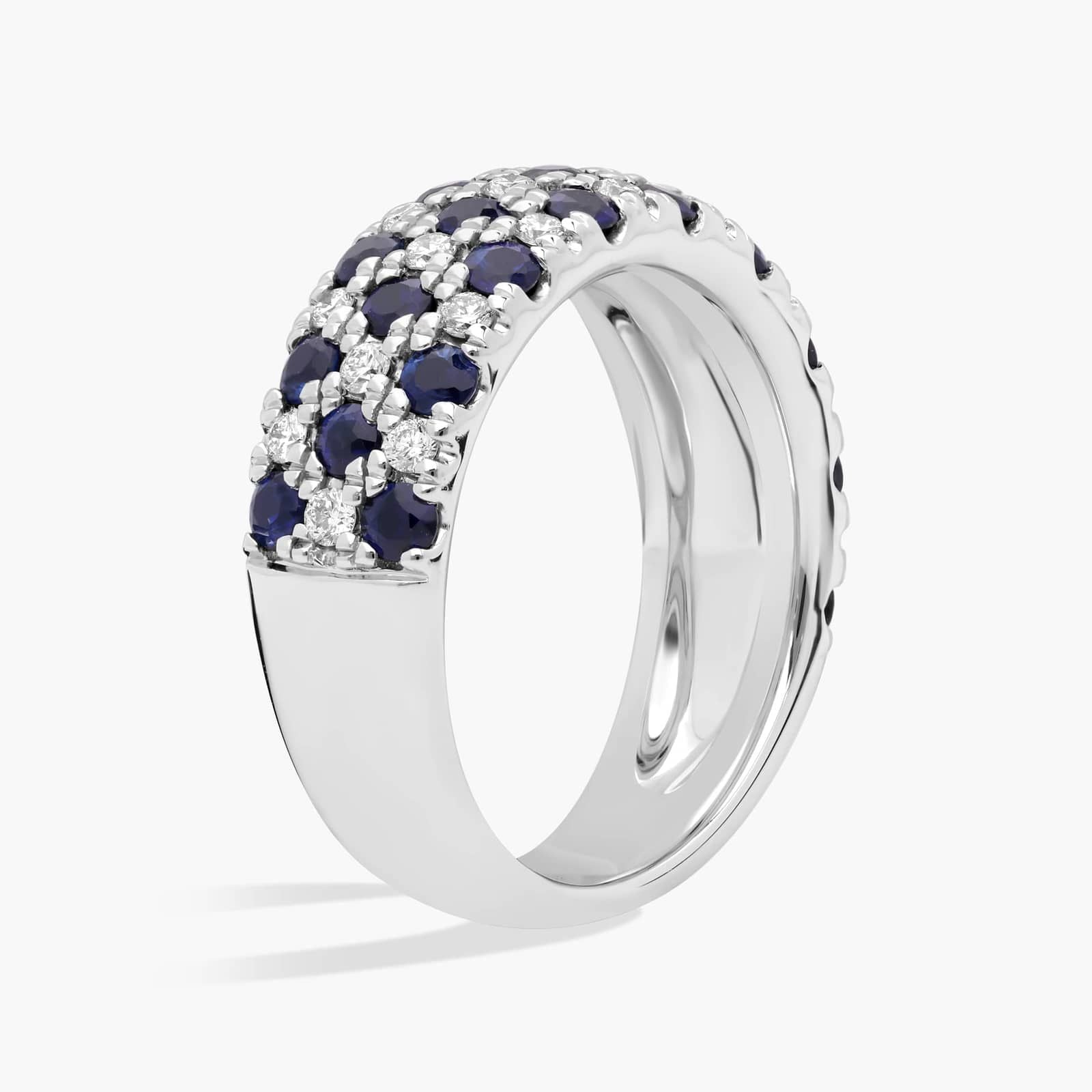 Alternating Sapphire and Diamond Triple Row Ring in White Gold