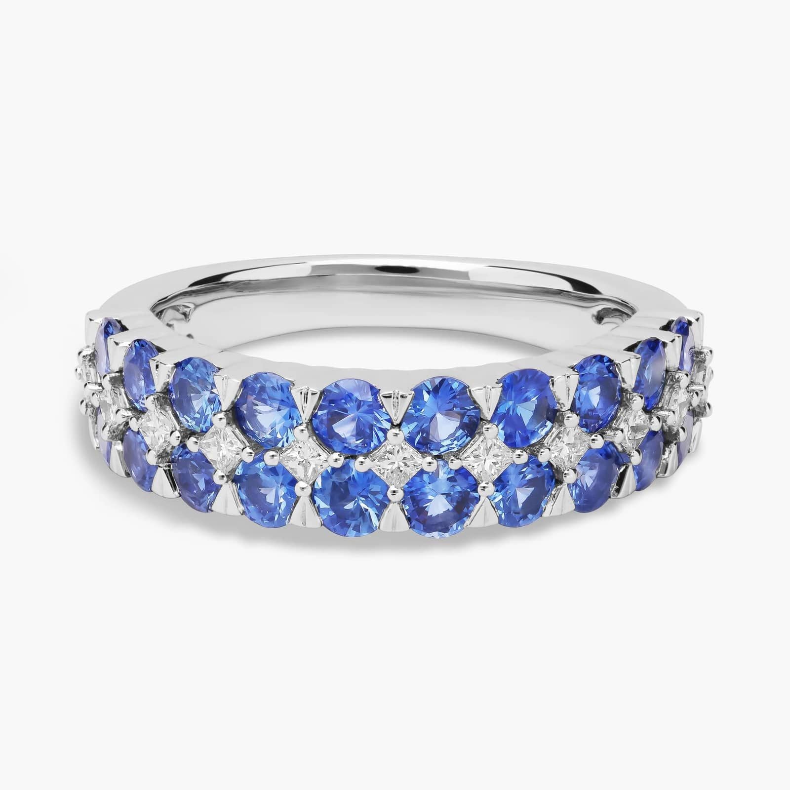 Blue Sapphire and Diamond Double Row Ring in White Gold