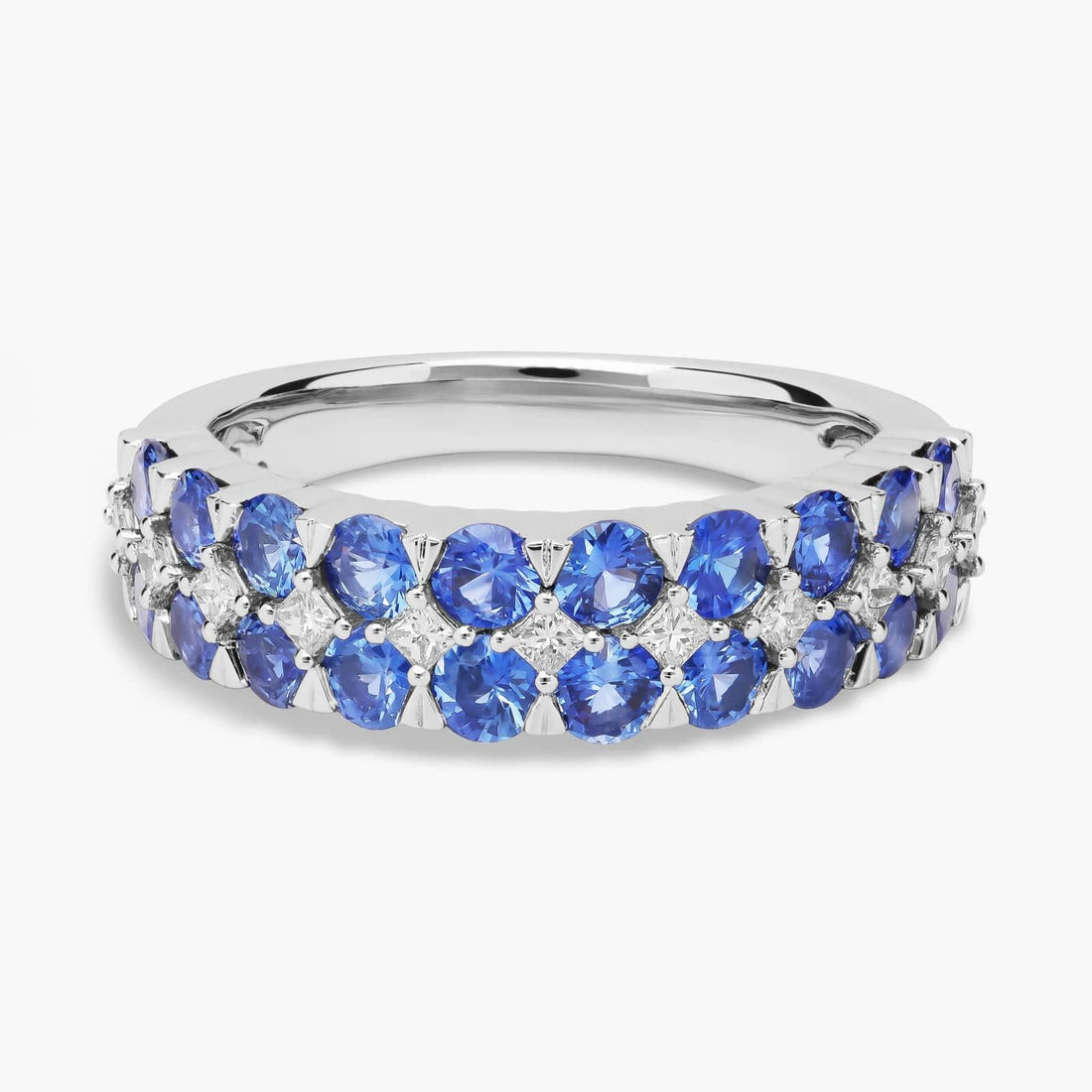 Blue Sapphire and Diamond Double Row Ring in White Gold