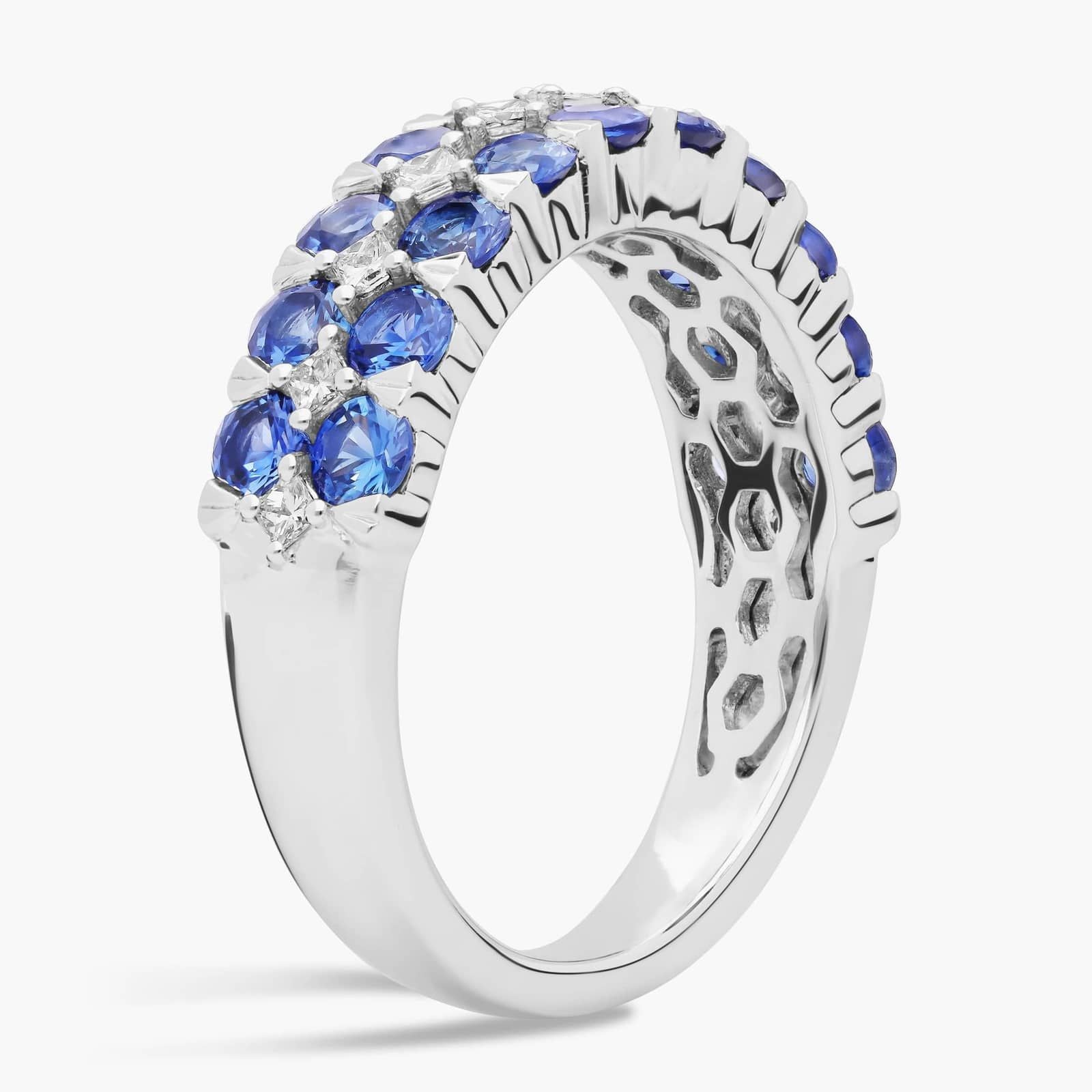 Blue Sapphire and Diamond Double Row Ring in White Gold