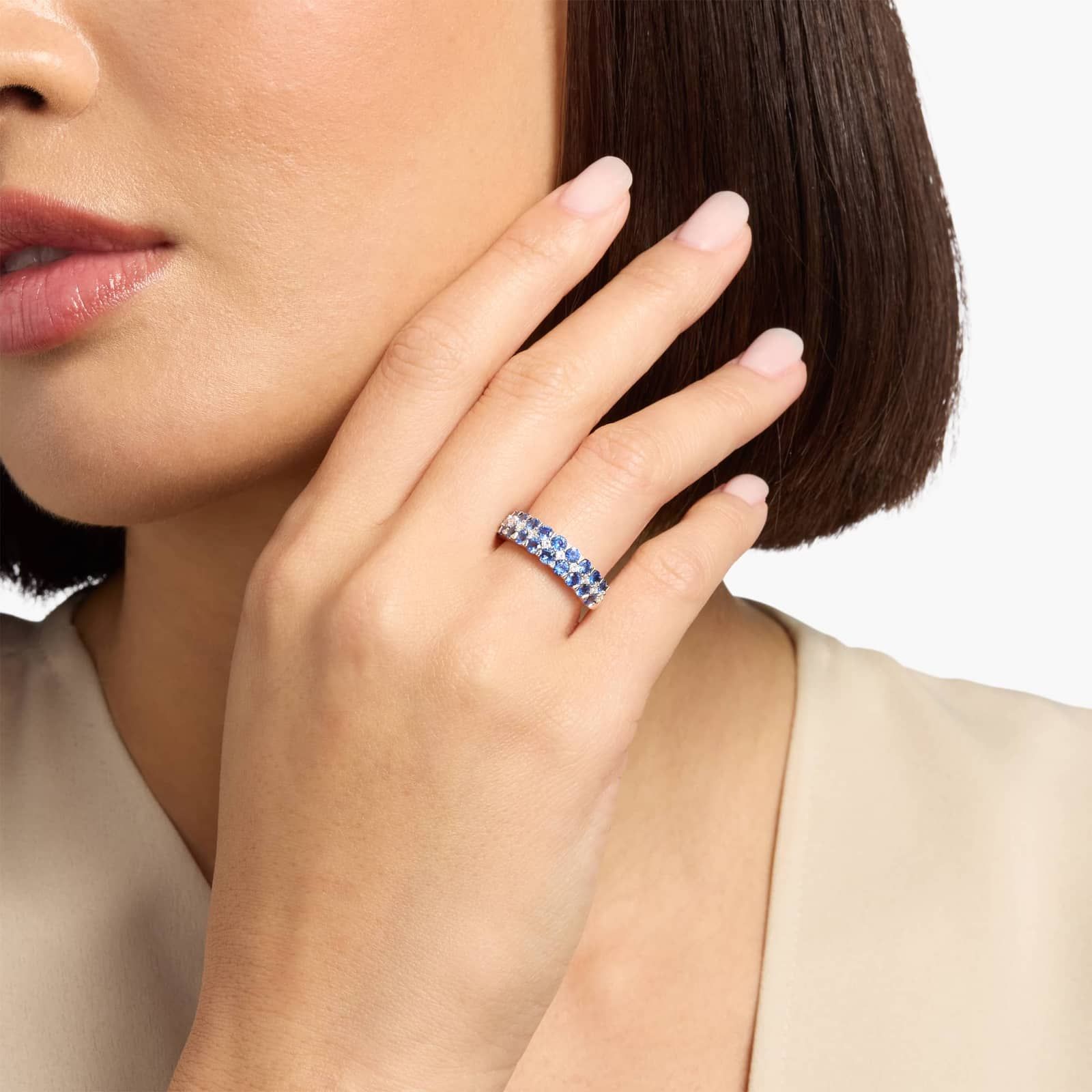 Blue Sapphire and Diamond Double Row Ring in White Gold