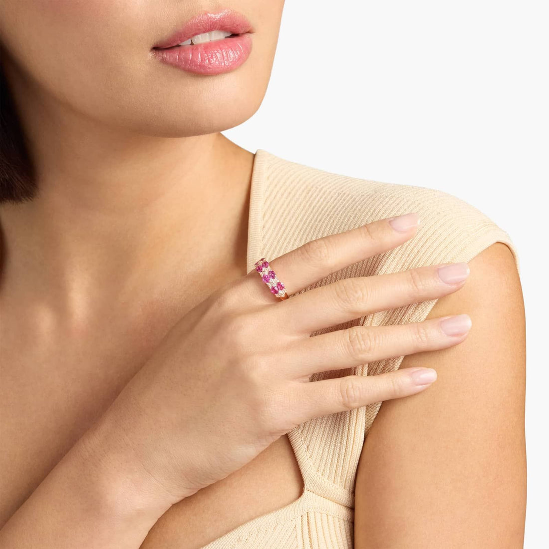 Oval Ruby & Round Diamond Double Row Ring in Rose Gold