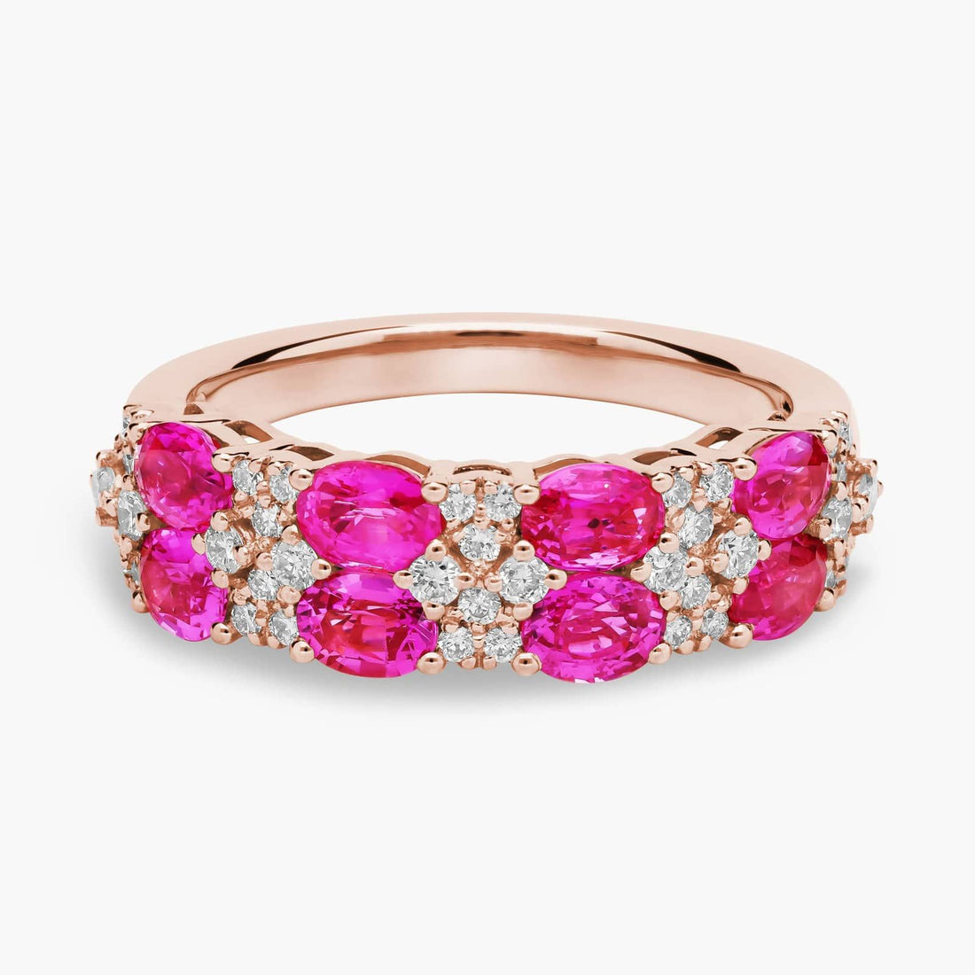 Oval Ruby & Round Diamond Double Row Ring in Rose Gold